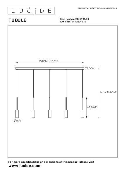 Lucide TUBULE - Pendant light - LED - 5x7W 2700K - Black - technical